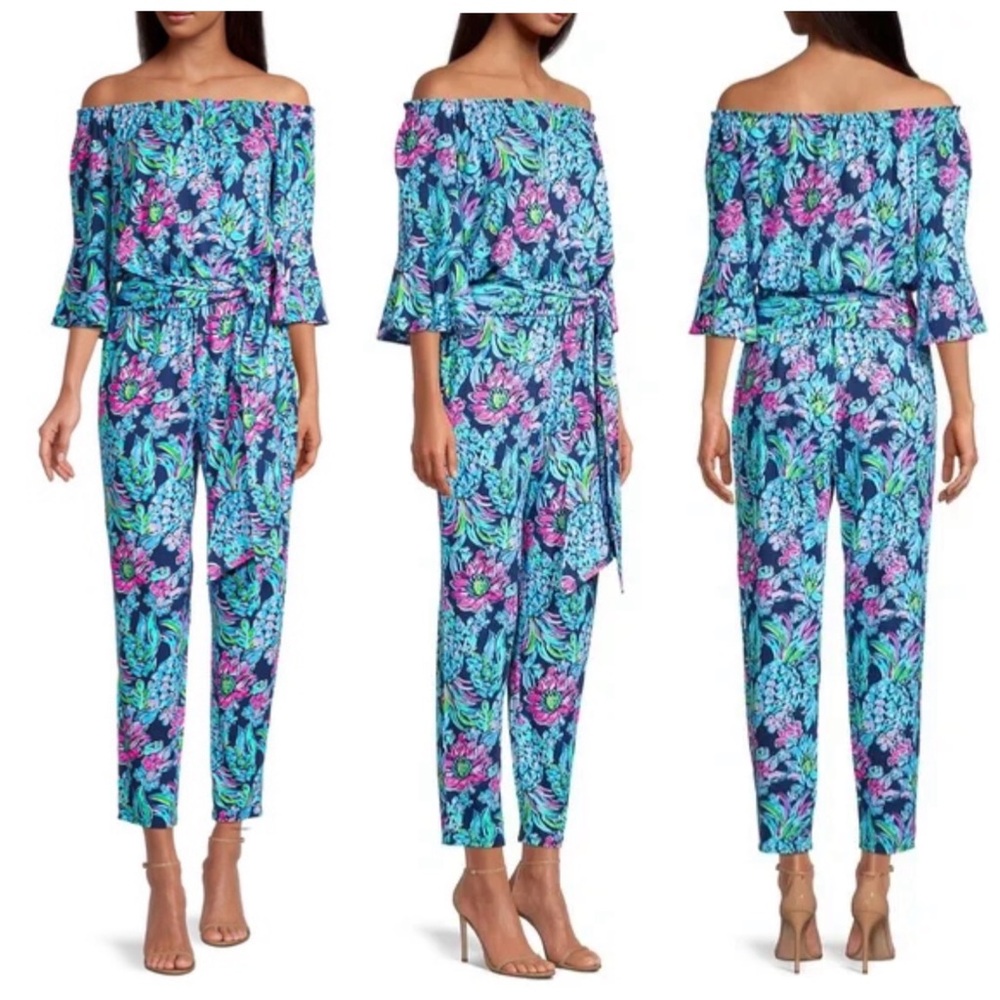 •LILLY PULITZER• Calla Off the Shoulder Jumpsuit‎ High Tide Pineapple Parade XS